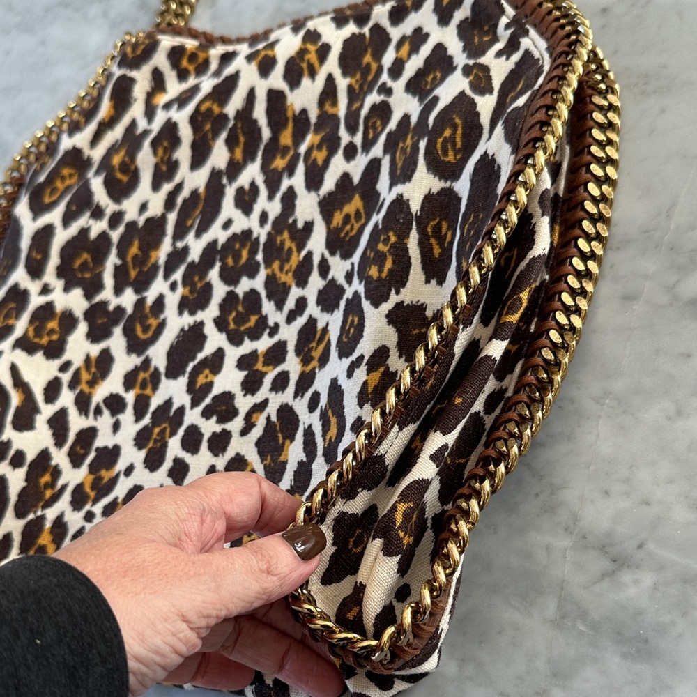 Stella McCartney - Brown Yellow Leopard Print on Cream Canvas Bag & Gold Chain - Picture 12 of 17